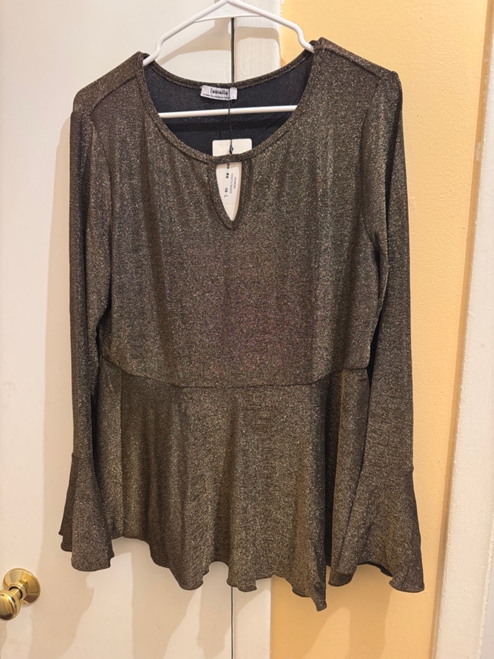 Metallic Black Peplum Blouse with Keyhole Neck